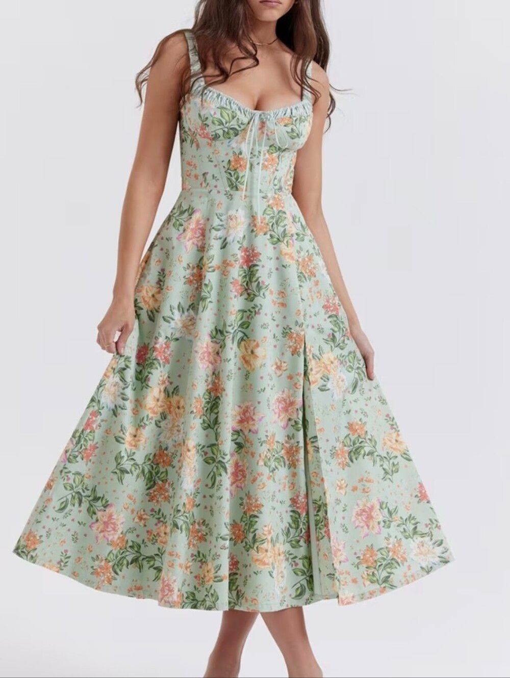 Princess Fit Midi Floral Corset Midi Dress - Pastel Green Peach  Floral Sz Large